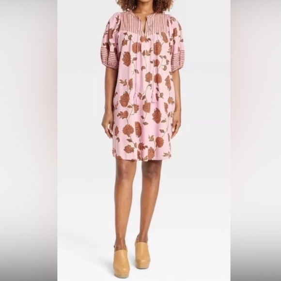 [L] Knox Rose Pink Floral Striped Short Sleeve Boho Peasant Shift Dress - Picture 1 of 9